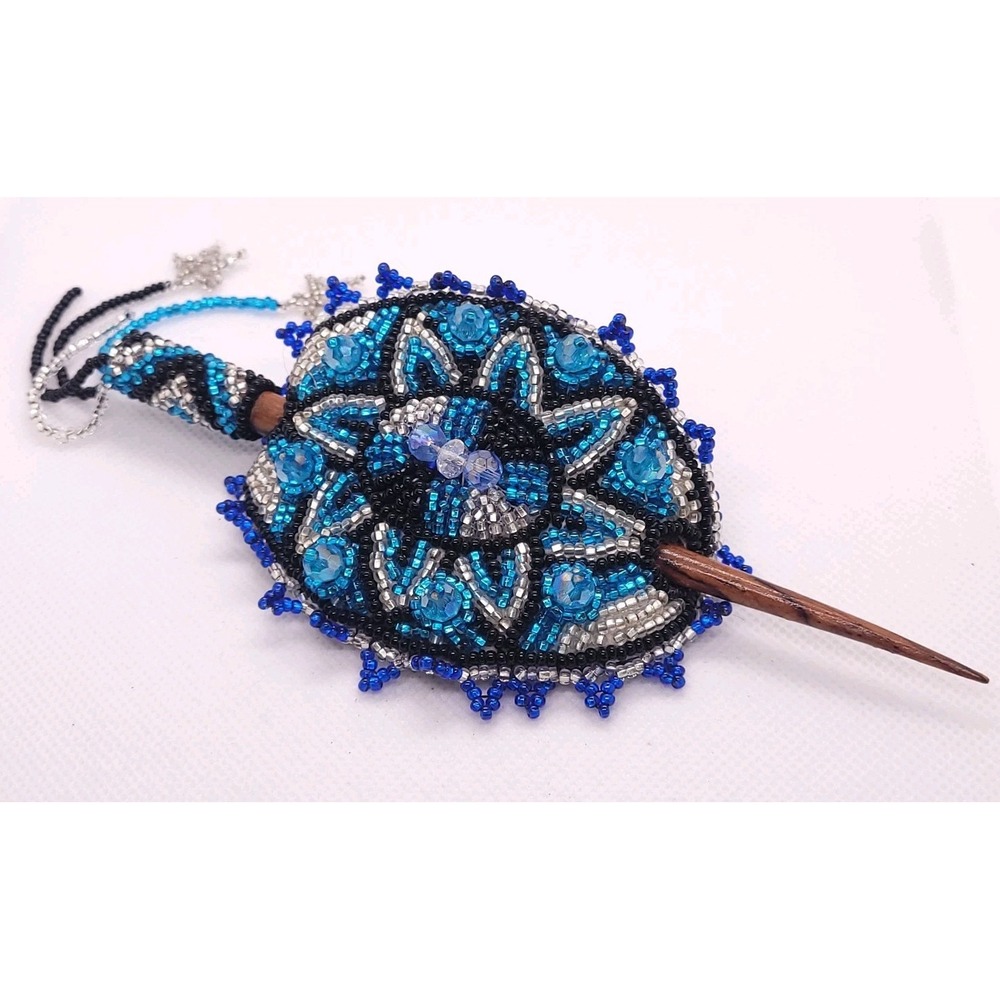 Beaded Hair Slide Barrette 6" Wood Stick Blue Black Silver Seed Bead Statement